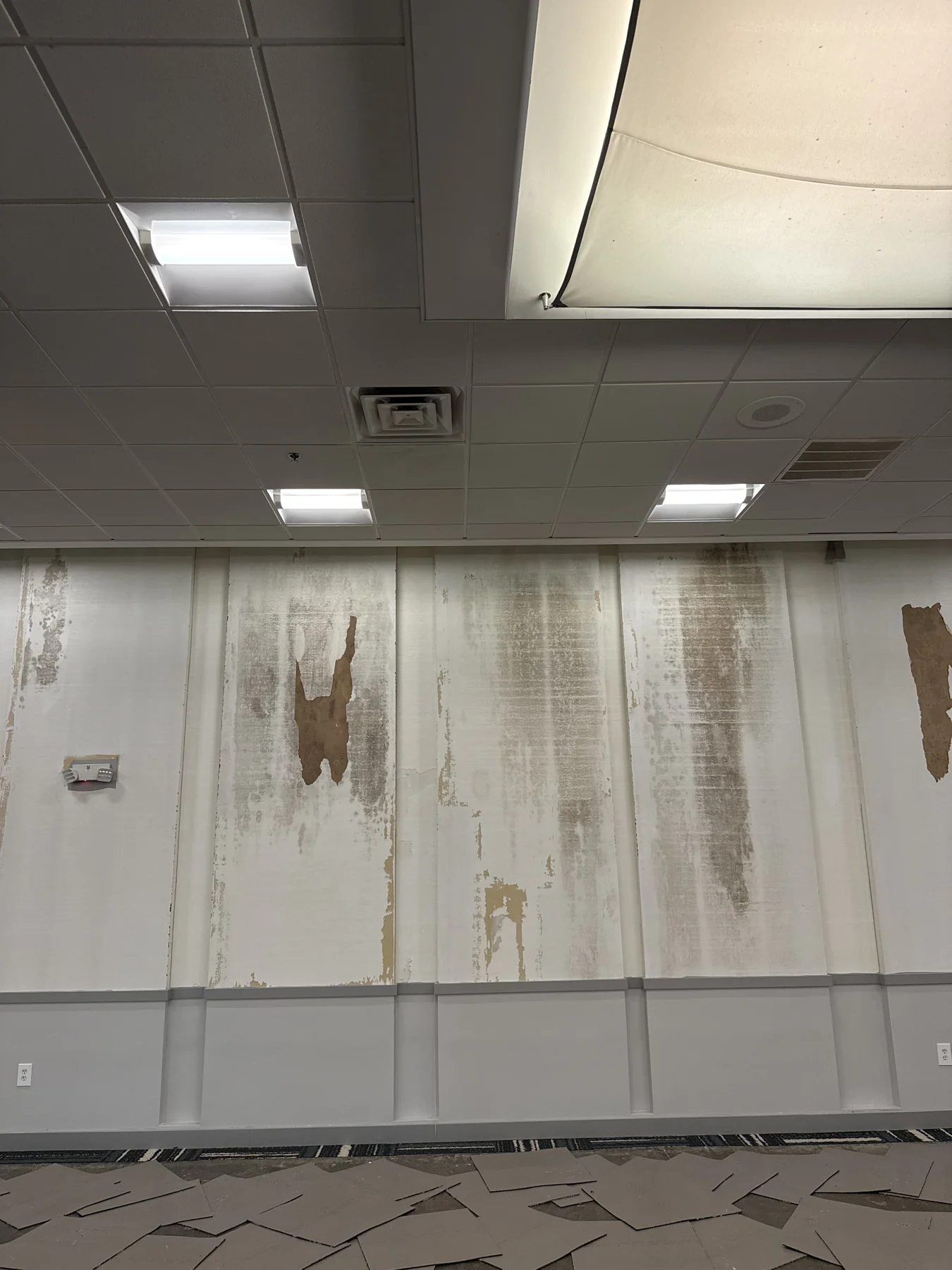 Existing wall surface before drywall removal, with the surrounding floor protected · Tapestry Collection by Hilton
