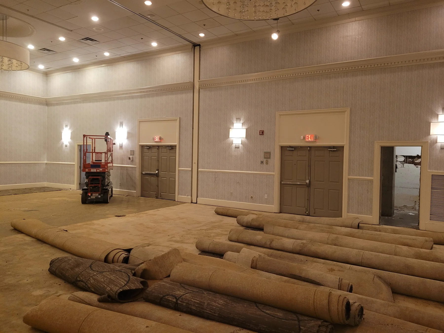 Removed carpet rolled up across the ballroom at DoubleTree by Hilton, Jacksonville